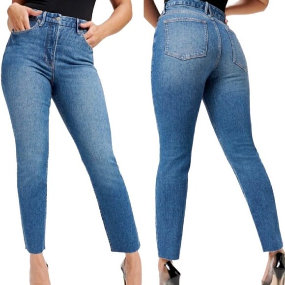 NEW Good American Good Classic Raw Hem High Waisted Jeans in Blue940 - Picture 1 of 11